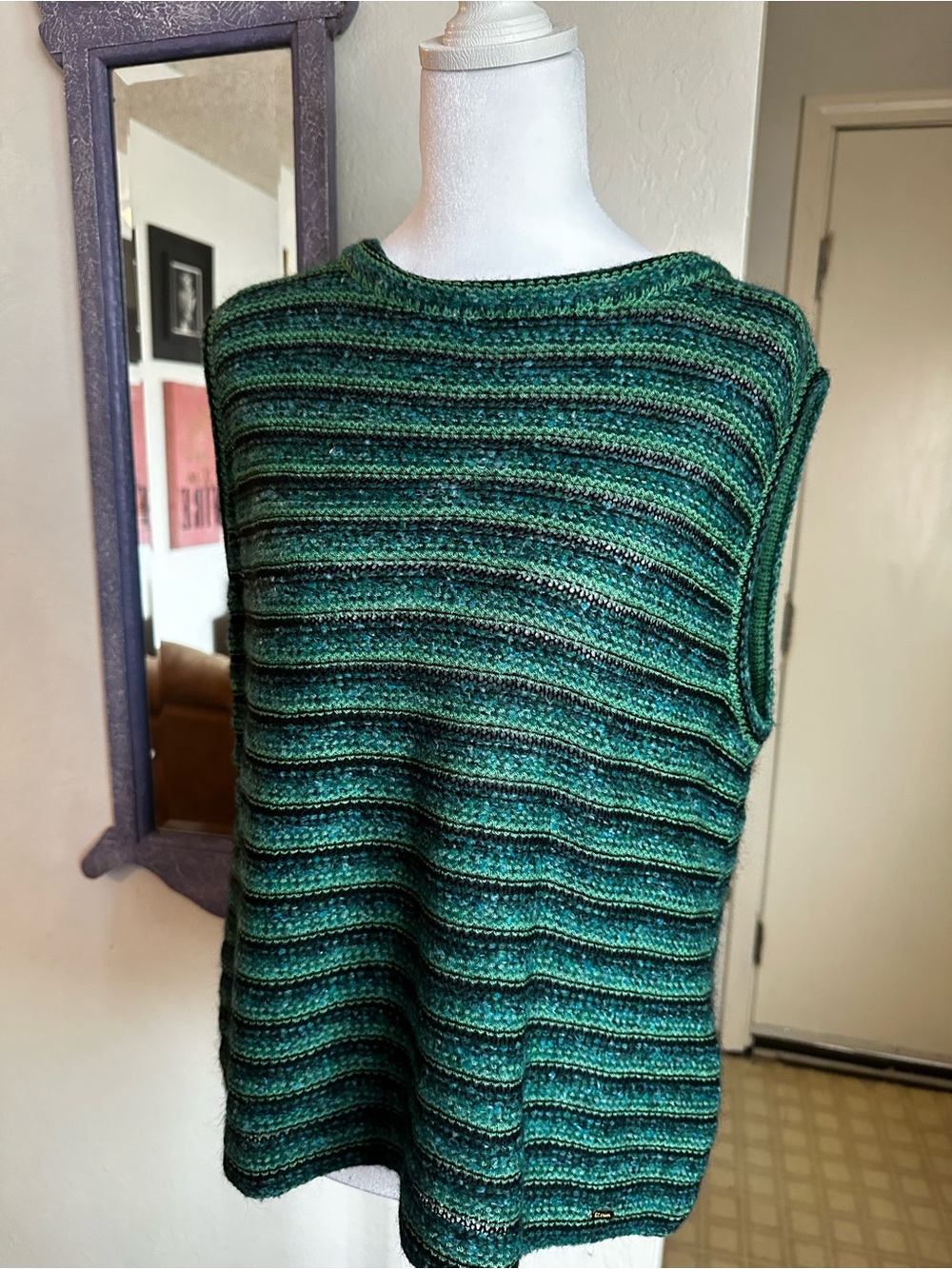 Striped Green Knit Crewneck Sweater Vest
